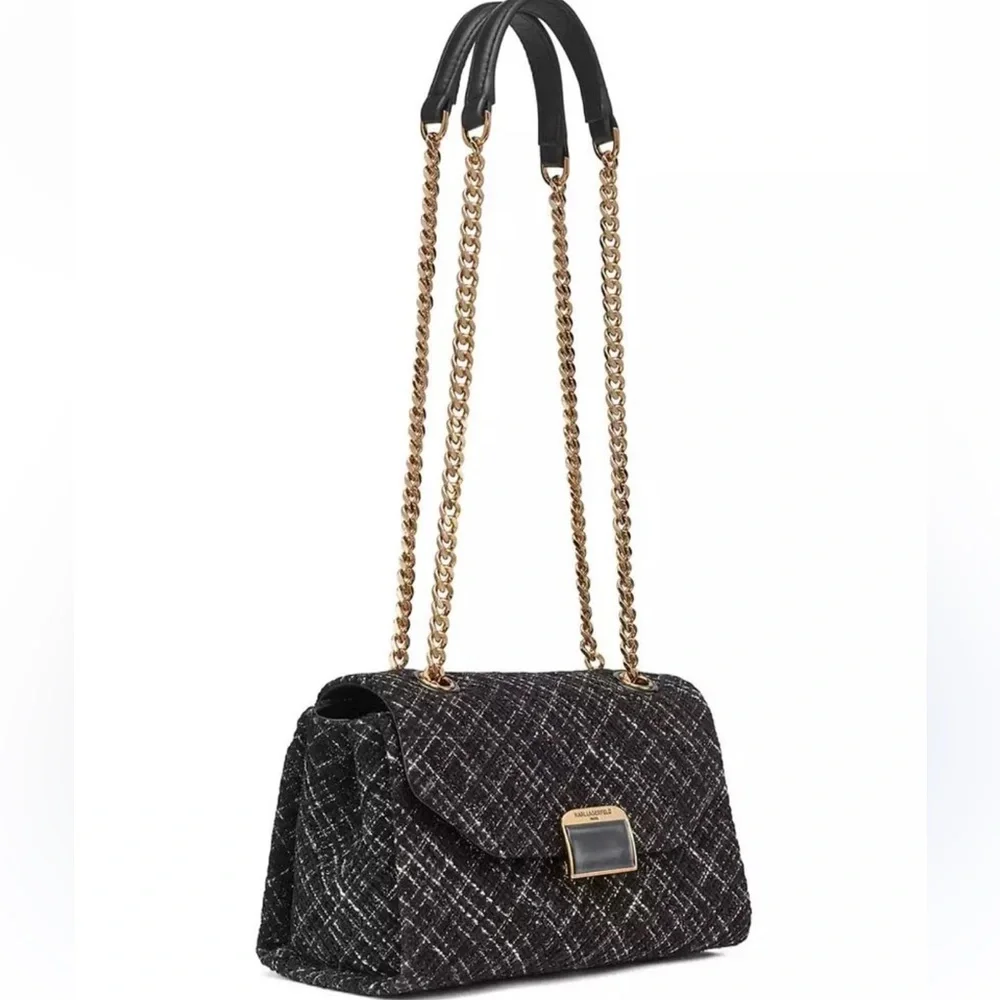 Karl Lagerfeld Black and Gold Tweed Shoulder Bag NWT - Picture 2 of 6